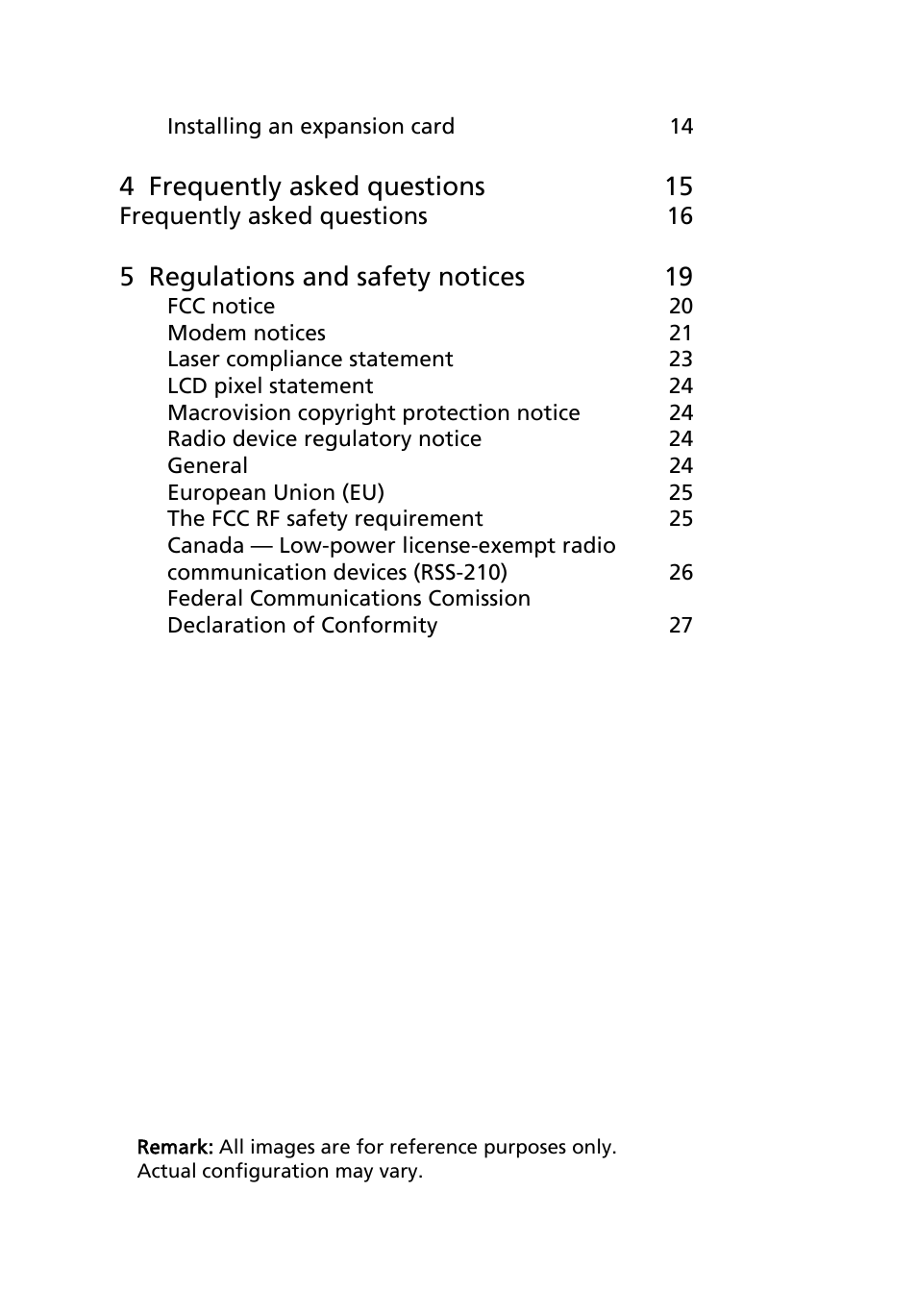 4 frequently asked questions 15, 5 regulations and safety notices 19 | Acer Veriton X480 User Manual | Page 10 / 39