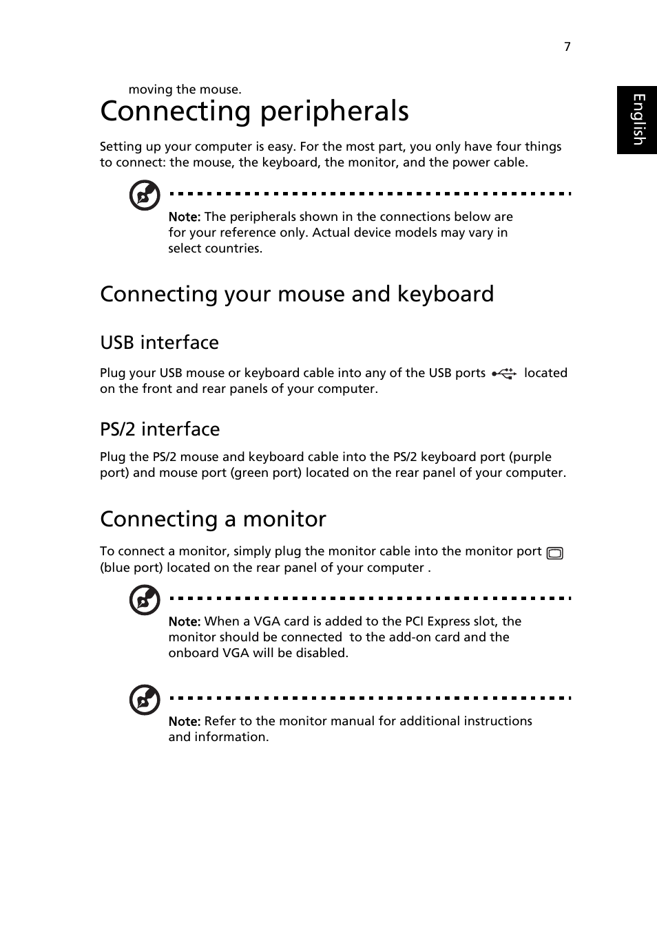 Connecting peripherals, Connecting your mouse and keyboard, Connecting a monitor | Usb interface, Ps/2 interface | Acer Veriton X480 User Manual | Page 17 / 39