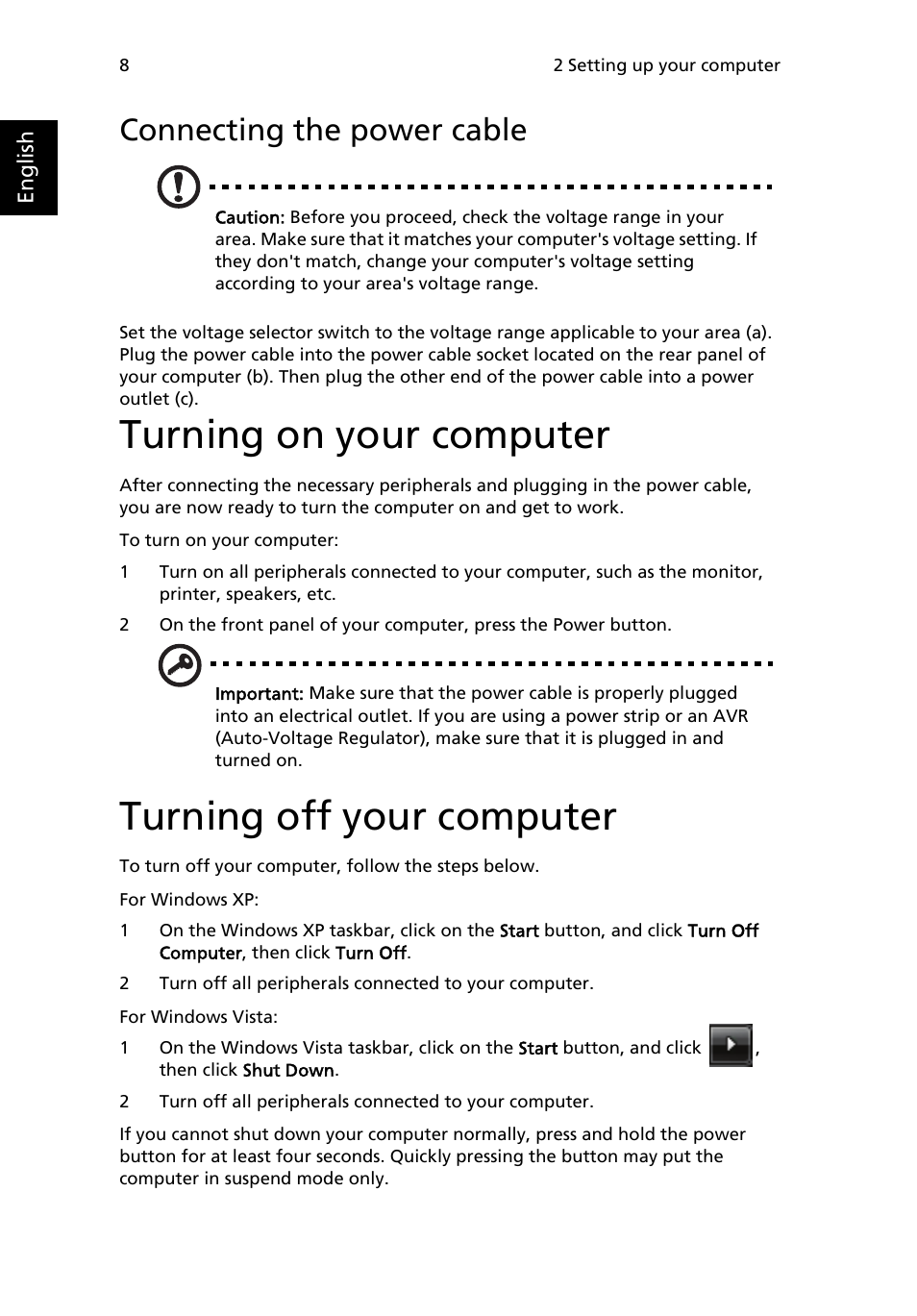 Connecting the power cable, Turning on your computer, Turning off your computer | Acer Veriton X480 User Manual | Page 18 / 39