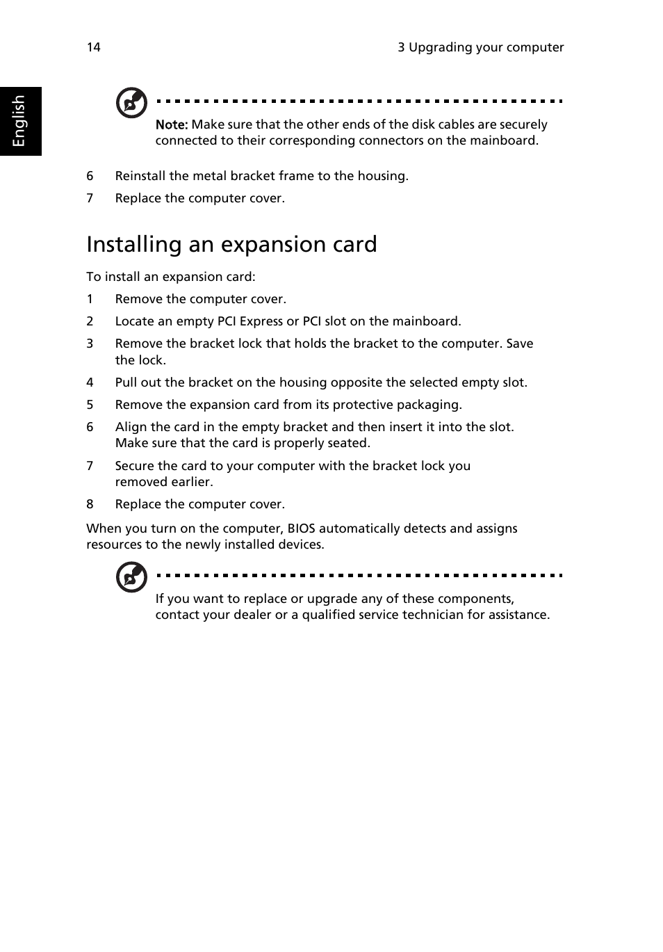 Installing an expansion card | Acer Veriton X480 User Manual | Page 24 / 39