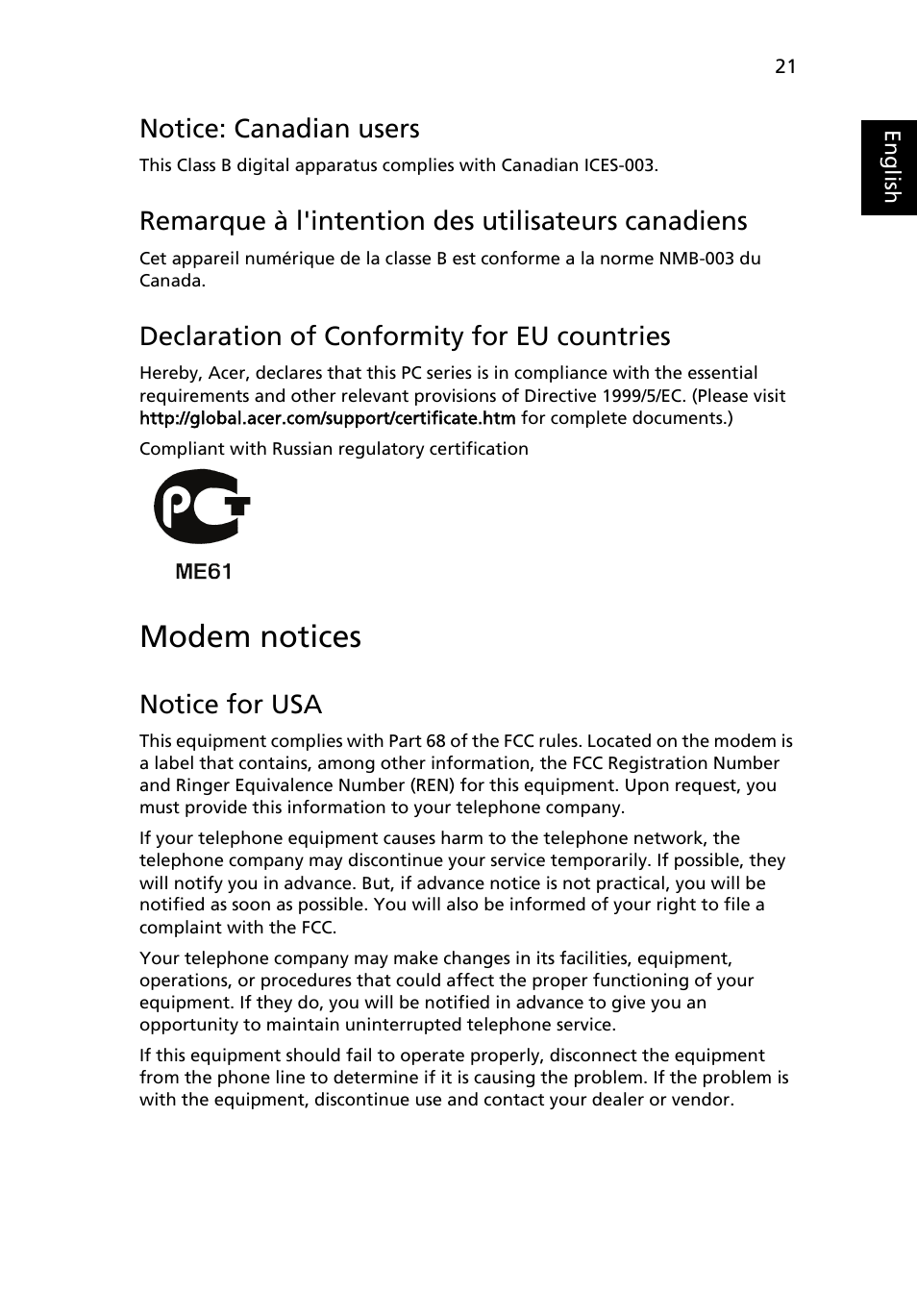 Modem notices, Notice: canadian users, Remarque à l'intention des utilisateurs canadiens | Declaration of conformity for eu countries, Notice for usa | Acer Veriton X480 User Manual | Page 31 / 39