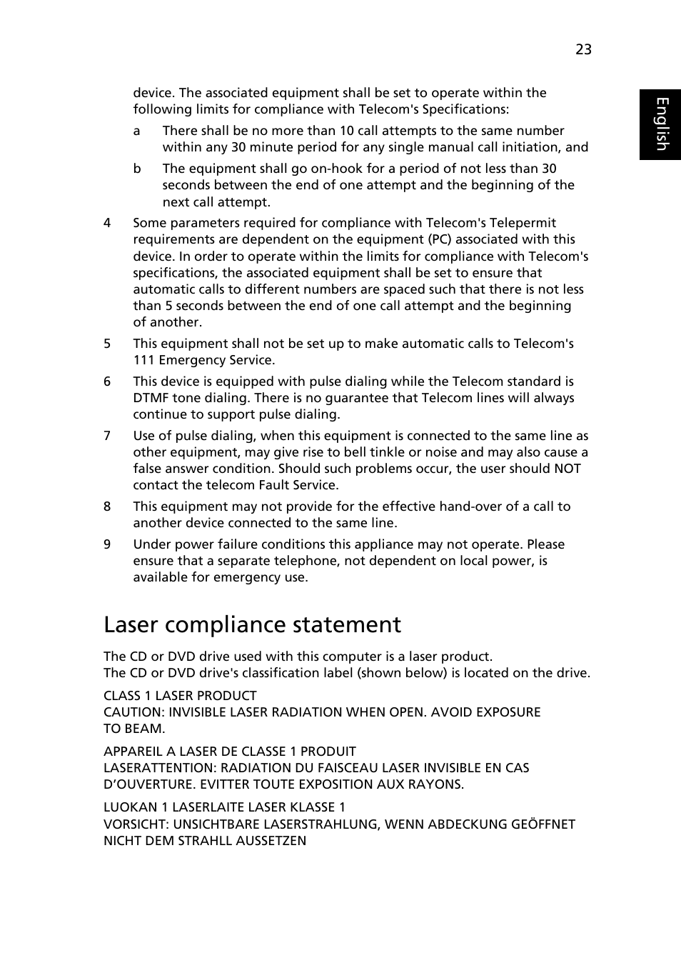 Laser compliance statement | Acer Veriton X480 User Manual | Page 33 / 39