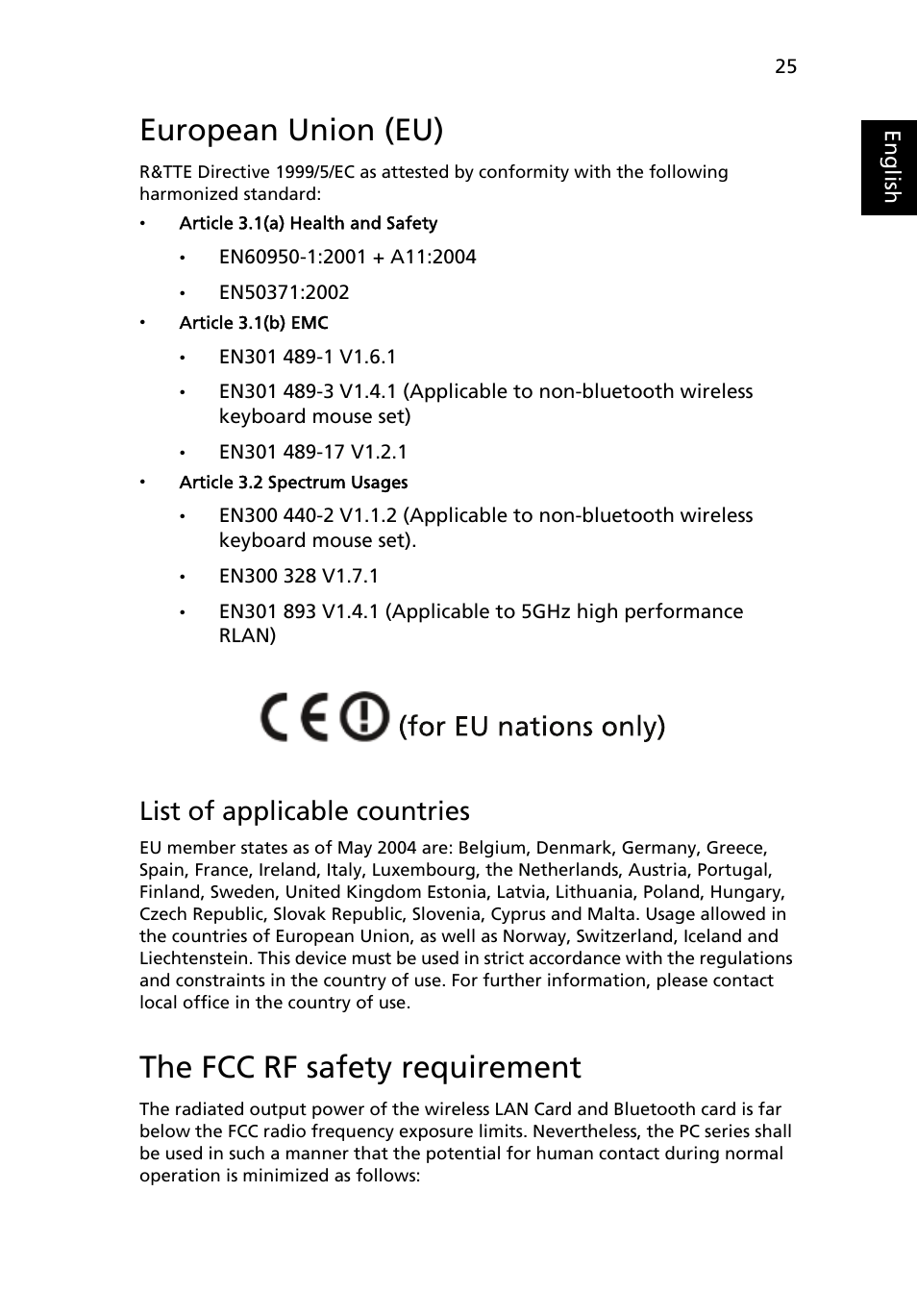 European union (eu), The fcc rf safety requirement, List of applicable countries | Acer Veriton X480 User Manual | Page 35 / 39