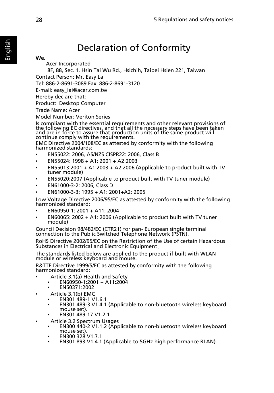 Declaration of conformity | Acer Veriton X480 User Manual | Page 38 / 39