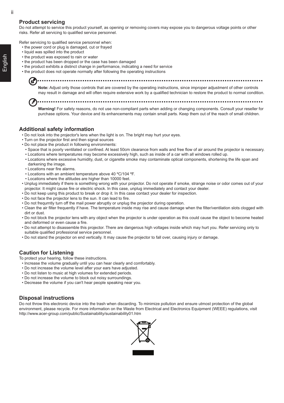 Engl sh  product servicing, Additional safety information, Caution for listening | Disposal instructions | Acer C120 User Manual | Page 2 / 10