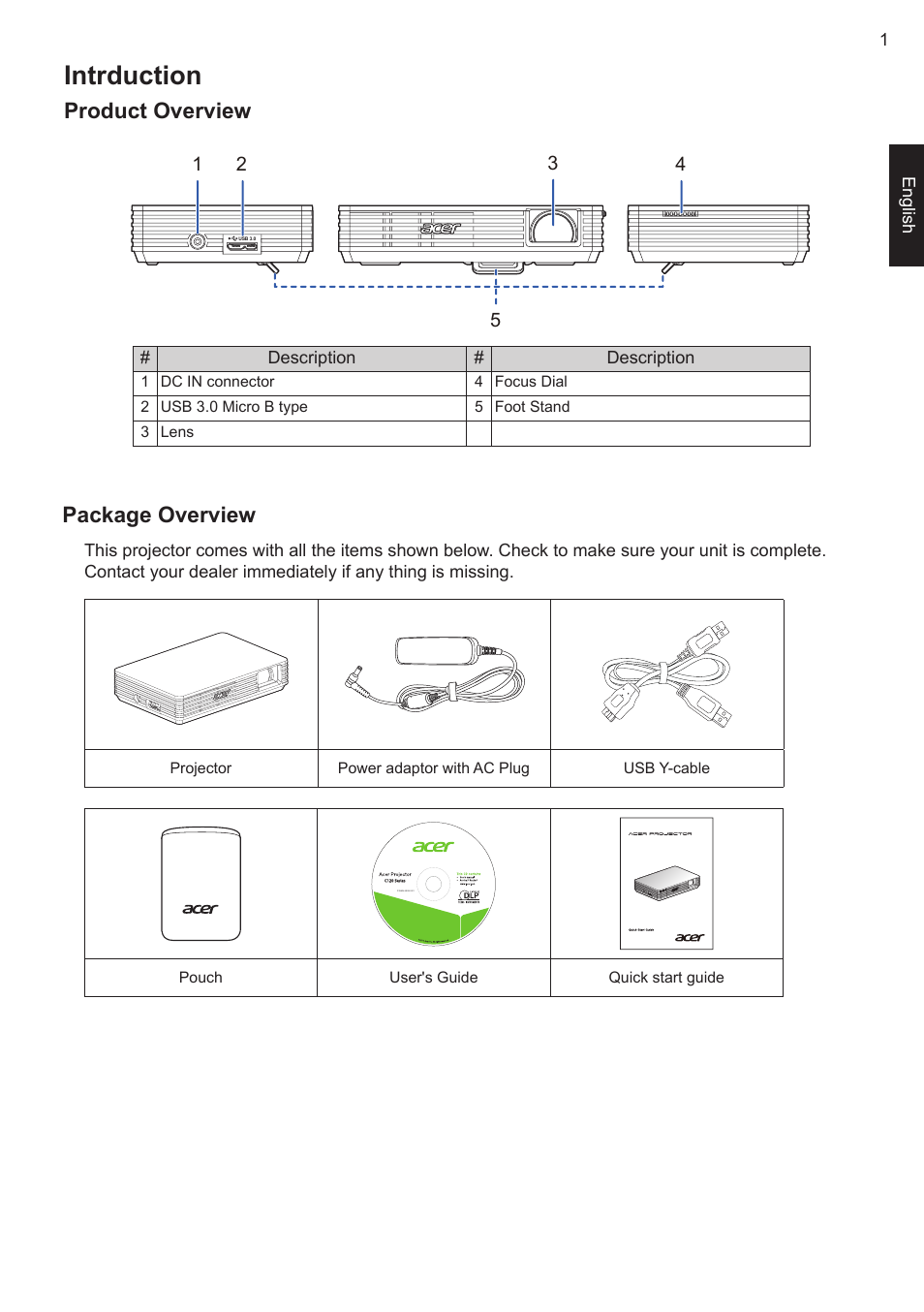 Intrduction, Product overview, Package overview | Product overview package overview | Acer C120 User Manual | Page 5 / 10
