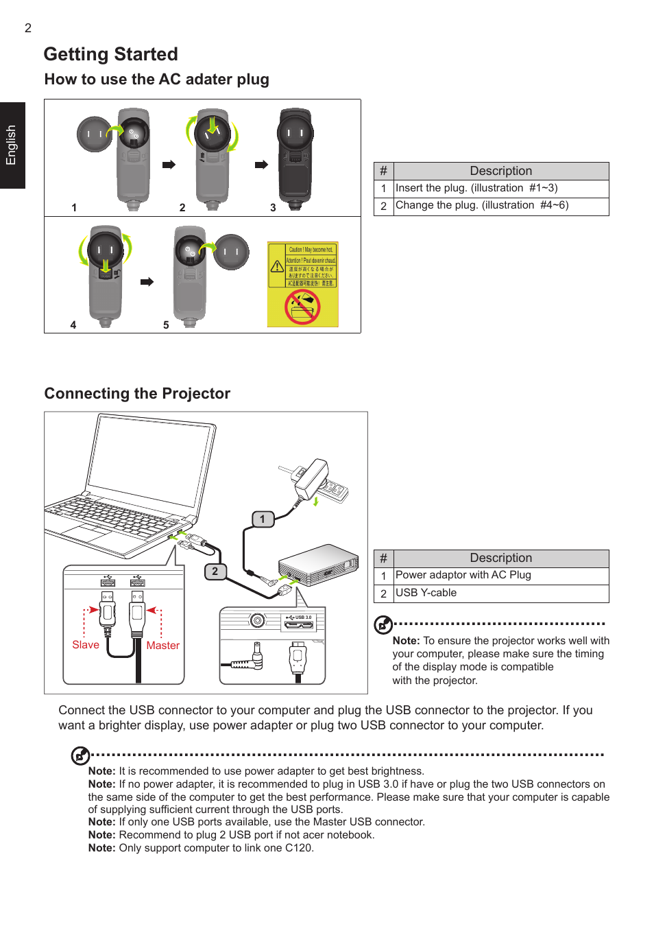 Getting started, How to use the ac adater plug, Connecting the projector | Acer C120 User Manual | Page 6 / 10