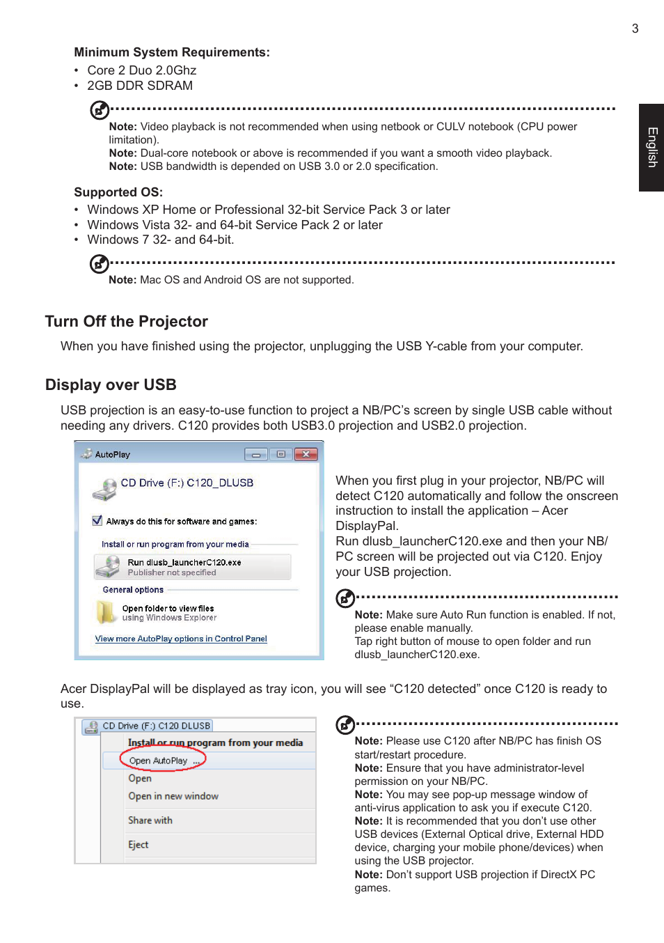 Turn off the projector, Display over usb | Acer C120 User Manual | Page 7 / 10