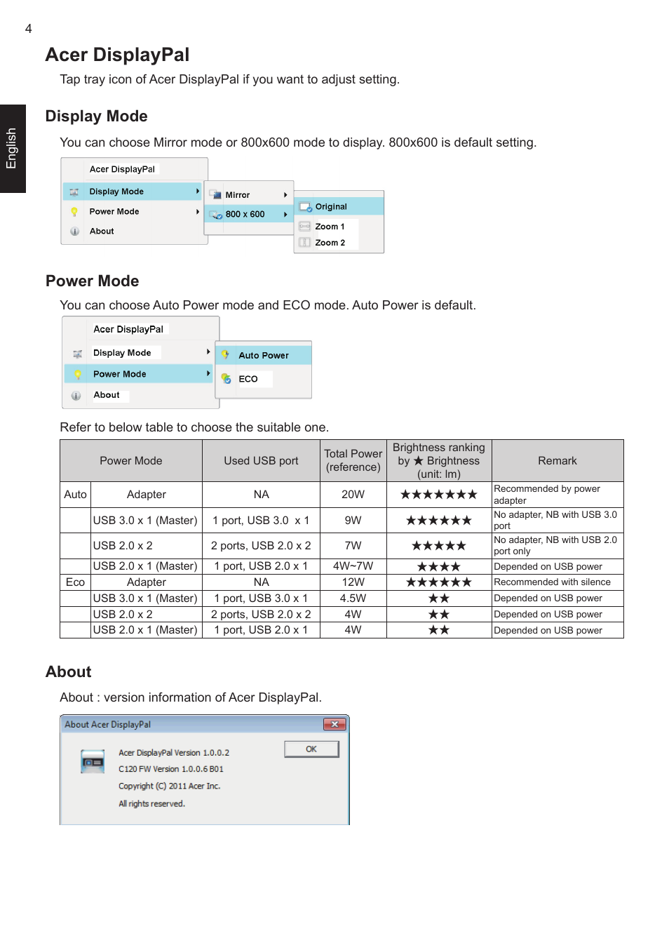 Acer displaypal, Display mode, Power mode | About | Acer C120 User Manual | Page 8 / 10