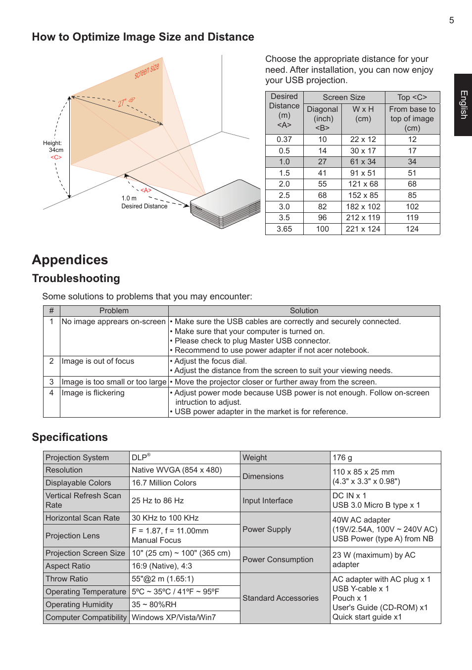 How to optimize image size and distance, Appendices, Troubleshooting | Specifications, Specifi cations, Screen size | Acer C120 User Manual | Page 9 / 10
