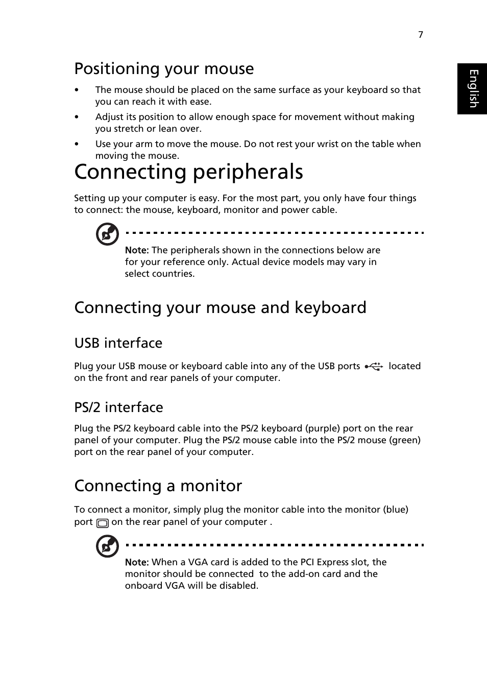 Positioning your mouse, Connecting peripherals, Connecting your mouse and keyboard | Connecting a monitor, Usb interface, Ps/2 interface | Acer Veriton S6610G User Manual | Page 17 / 38