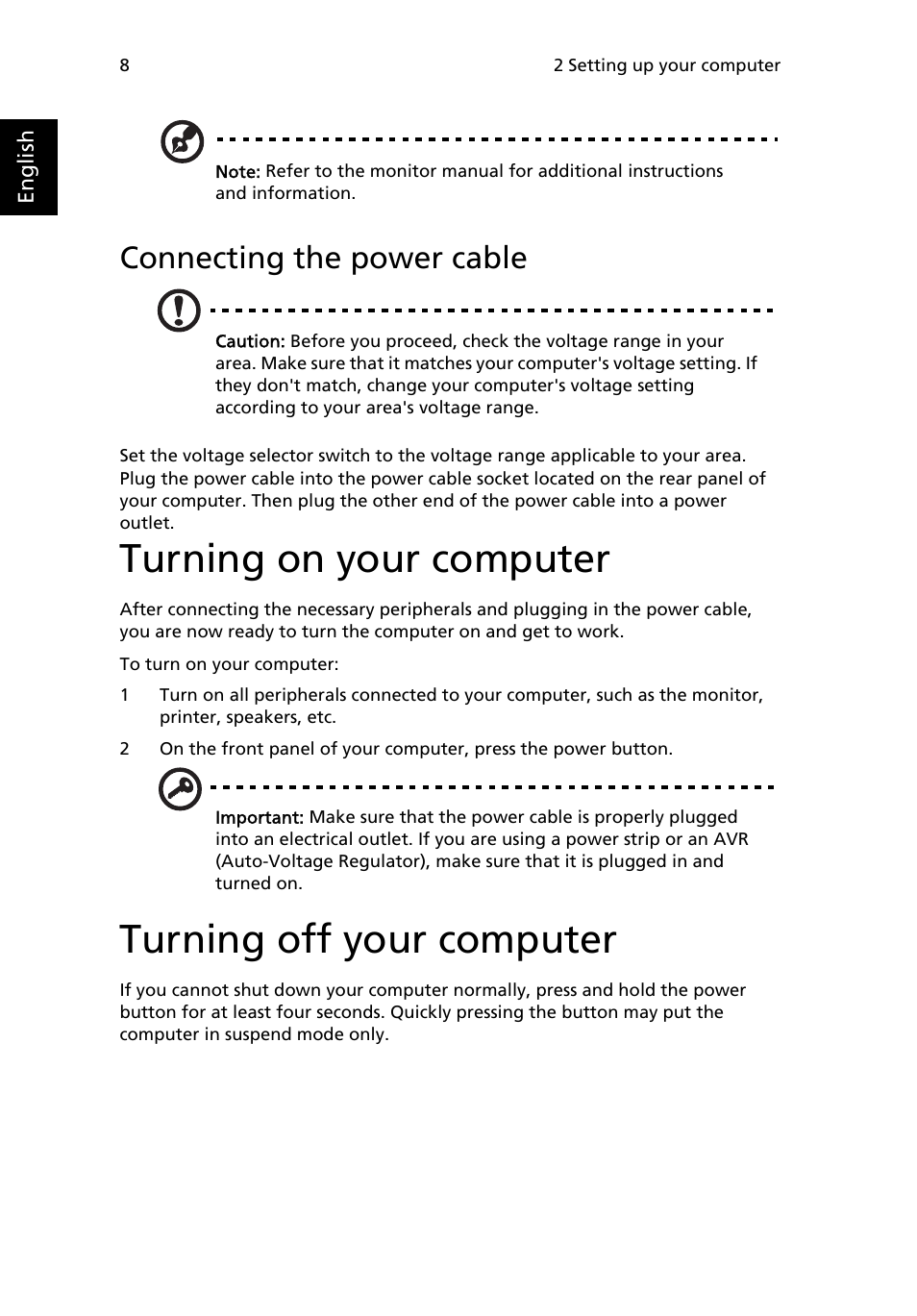 Connecting the power cable, Turning on your computer, Turning off your computer | Acer Veriton S6610G User Manual | Page 18 / 38