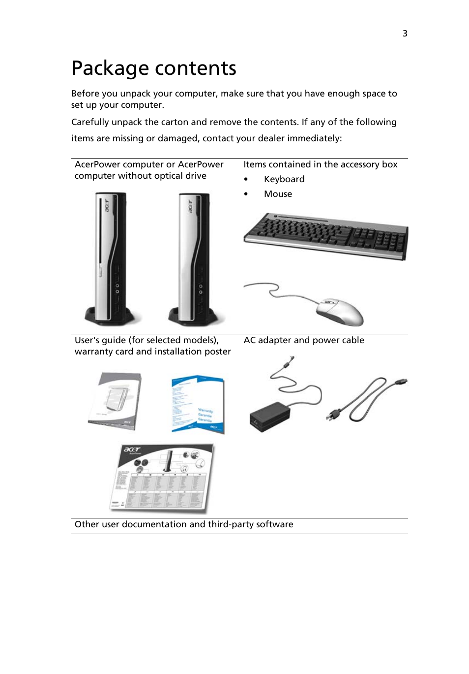 Package contents | Acer AcerPower 1000 User Manual | Page 13 / 51