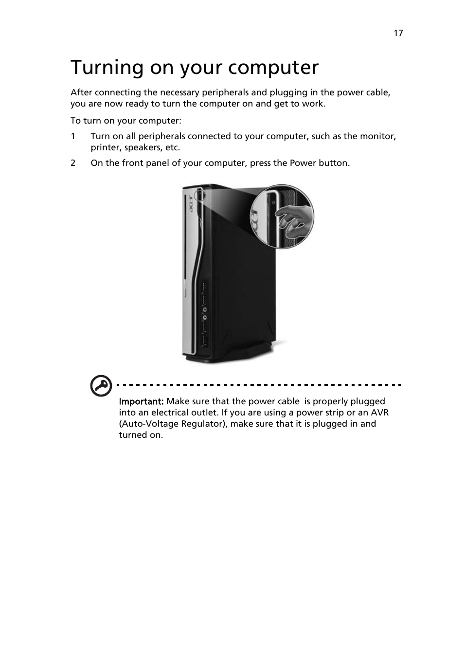 Turning on your computer | Acer AcerPower 1000 User Manual | Page 27 / 51