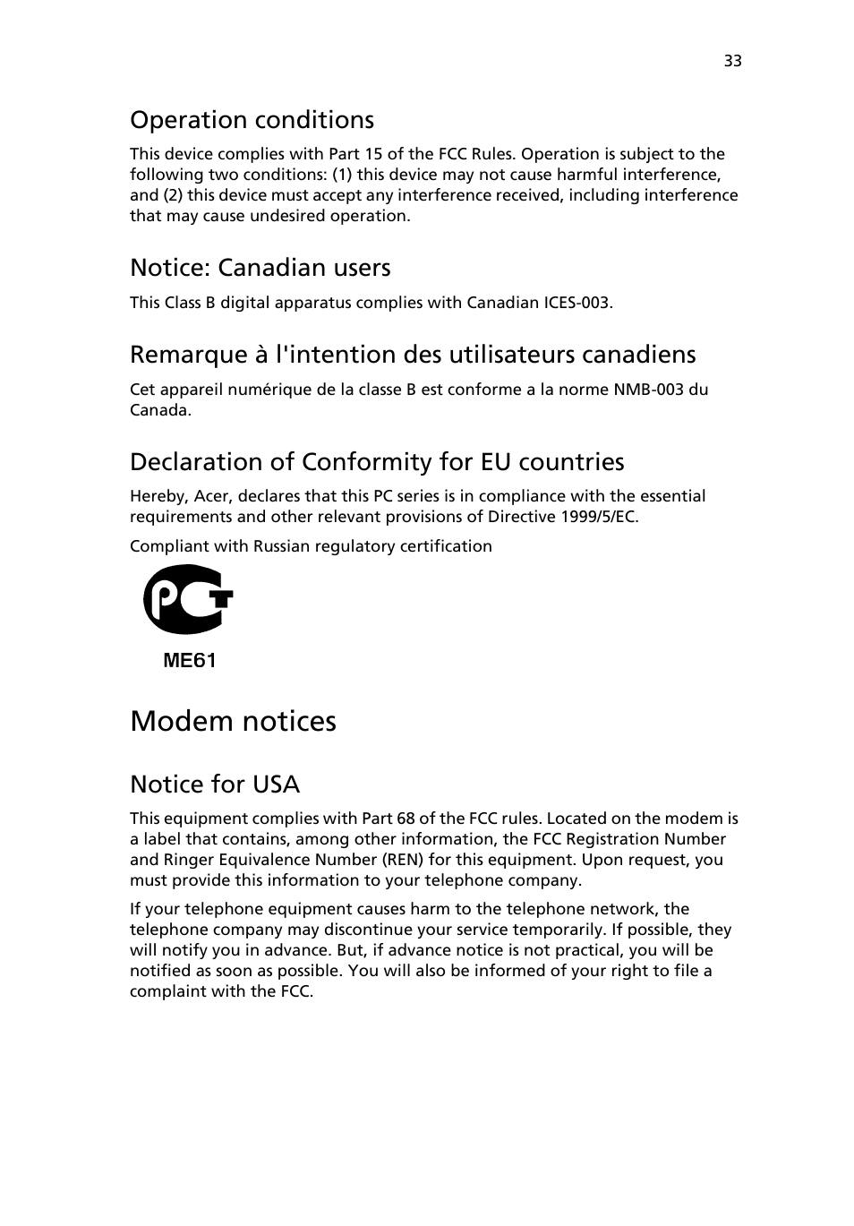 Modem notices, Operation conditions, Notice: canadian users | Remarque à l'intention des utilisateurs canadiens, Declaration of conformity for eu countries, Notice for usa | Acer AcerPower 1000 User Manual | Page 43 / 51