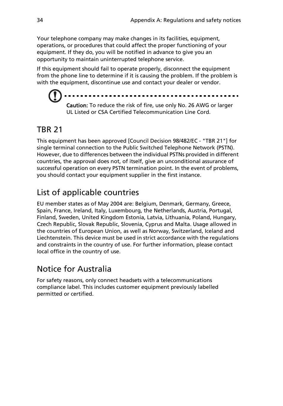 Tbr 21, List of applicable countries, Notice for australia | Acer AcerPower 1000 User Manual | Page 44 / 51