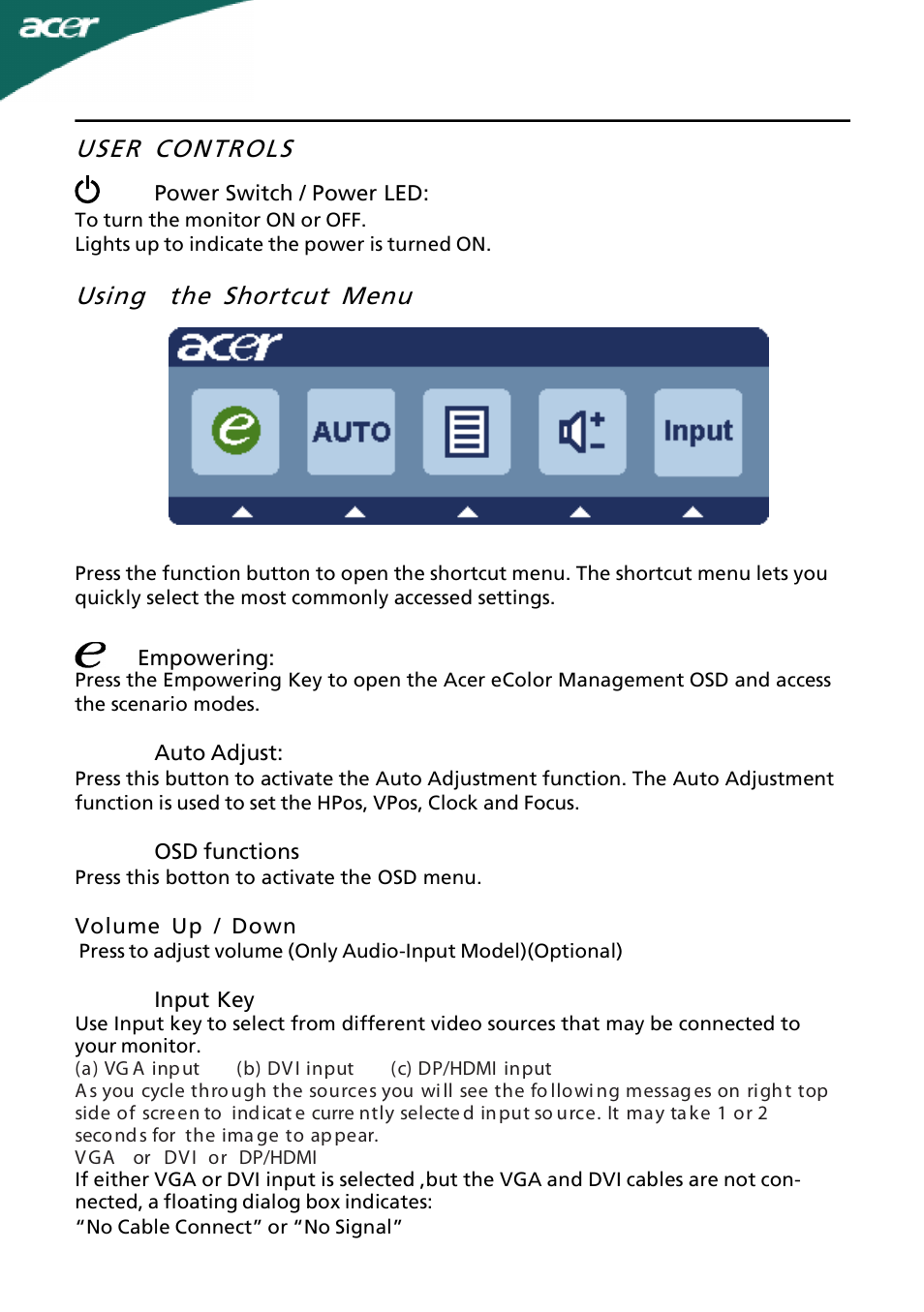 User controls, Using the shortcut menu | Acer P236HL User Manual | Page 14 / 23