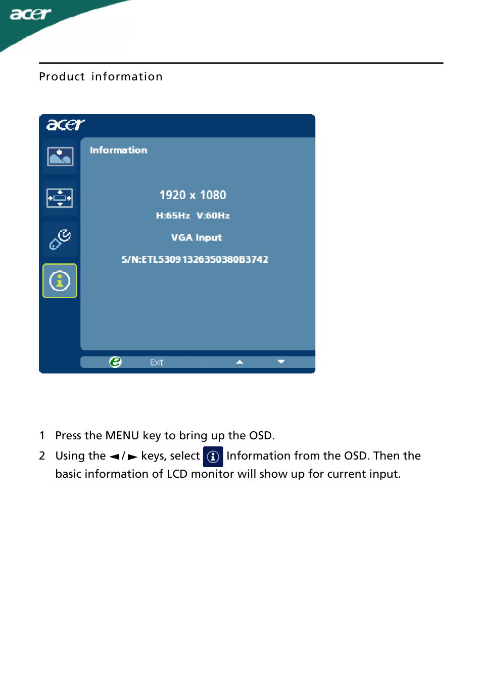 Acer P236HL User Manual | Page 19 / 23