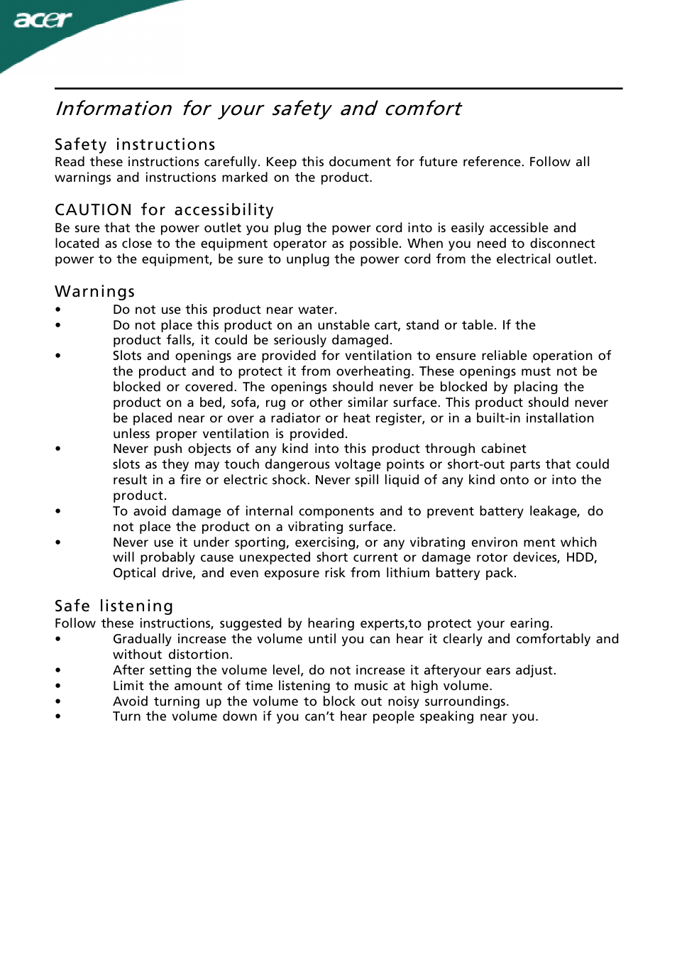 Information for your safety and, Comfort | Acer P236HL User Manual | Page 3 / 23