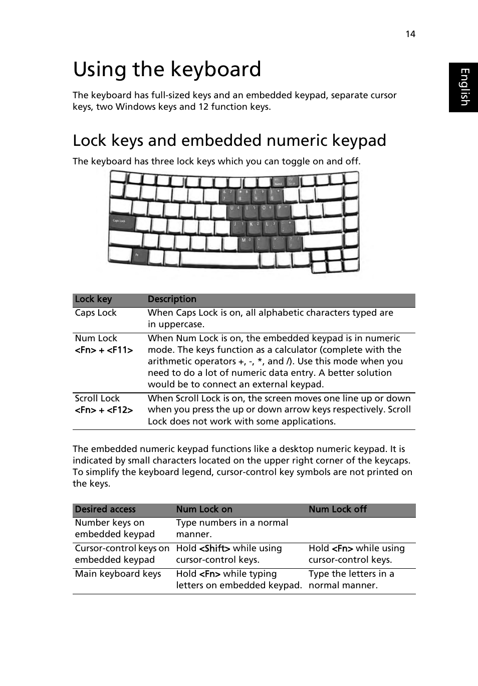 Using the keyboard, Lock keys and embedded numeric keypad, Lock keys and embedded numeric keypad 14 | Acer TravelMate 3210 User Manual | Page 23 / 69