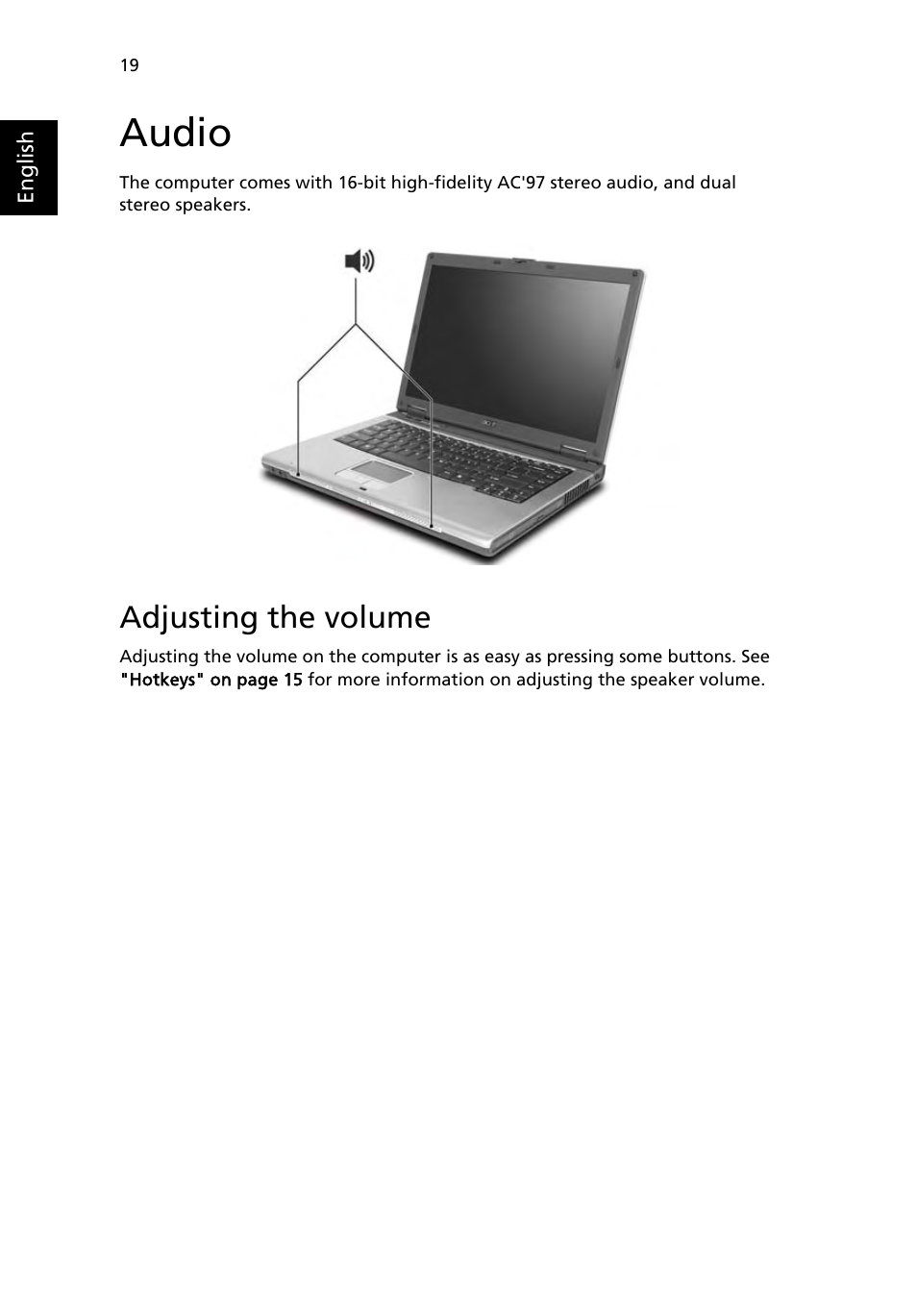 Audio, Adjusting the volume | Acer TravelMate 3210 User Manual | Page 28 / 69