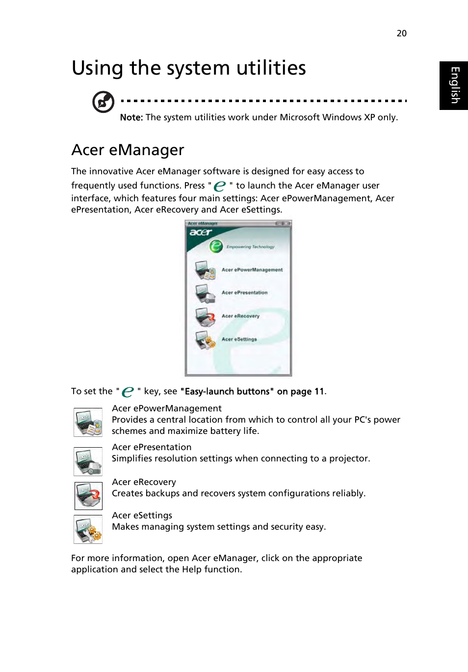 Using the system utilities, Acer emanager | Acer TravelMate 3210 User Manual | Page 29 / 69