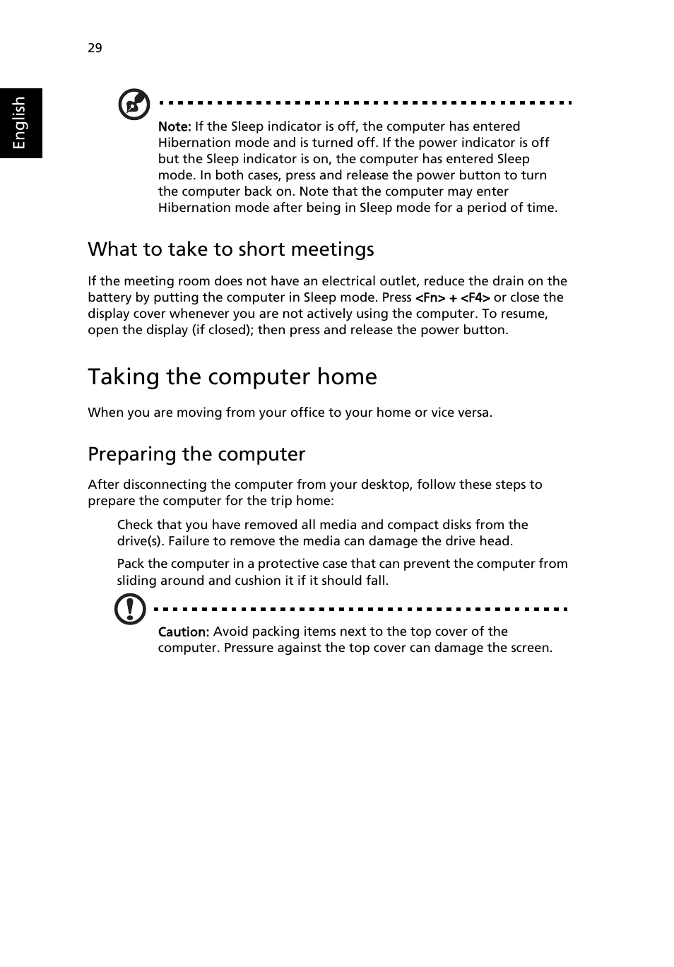 Taking the computer home, What to take to short meetings, Preparing the computer | Acer TravelMate 3210 User Manual | Page 38 / 69