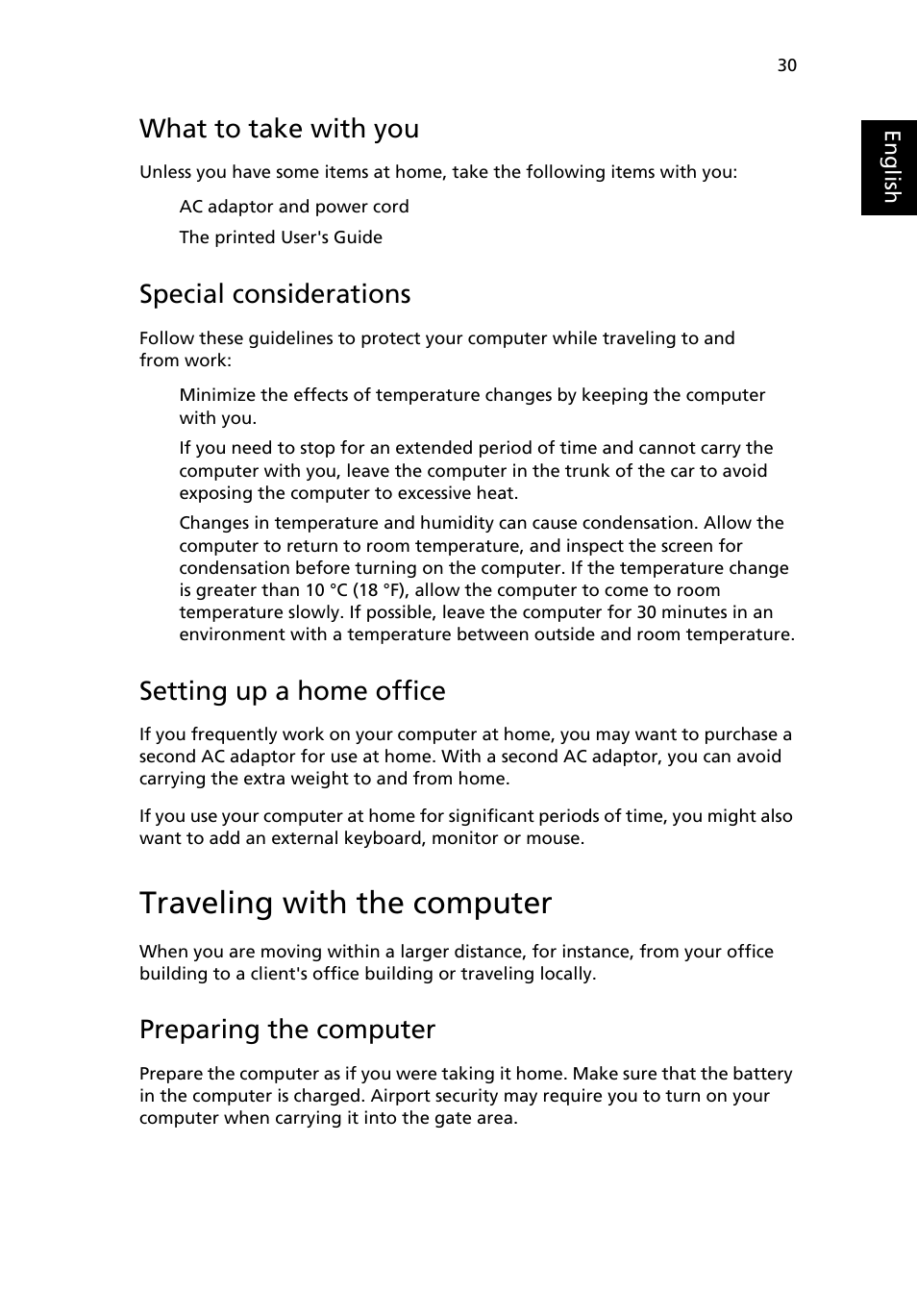 Traveling with the computer, What to take with you, Special considerations | Setting up a home office, Preparing the computer | Acer TravelMate 3210 User Manual | Page 39 / 69