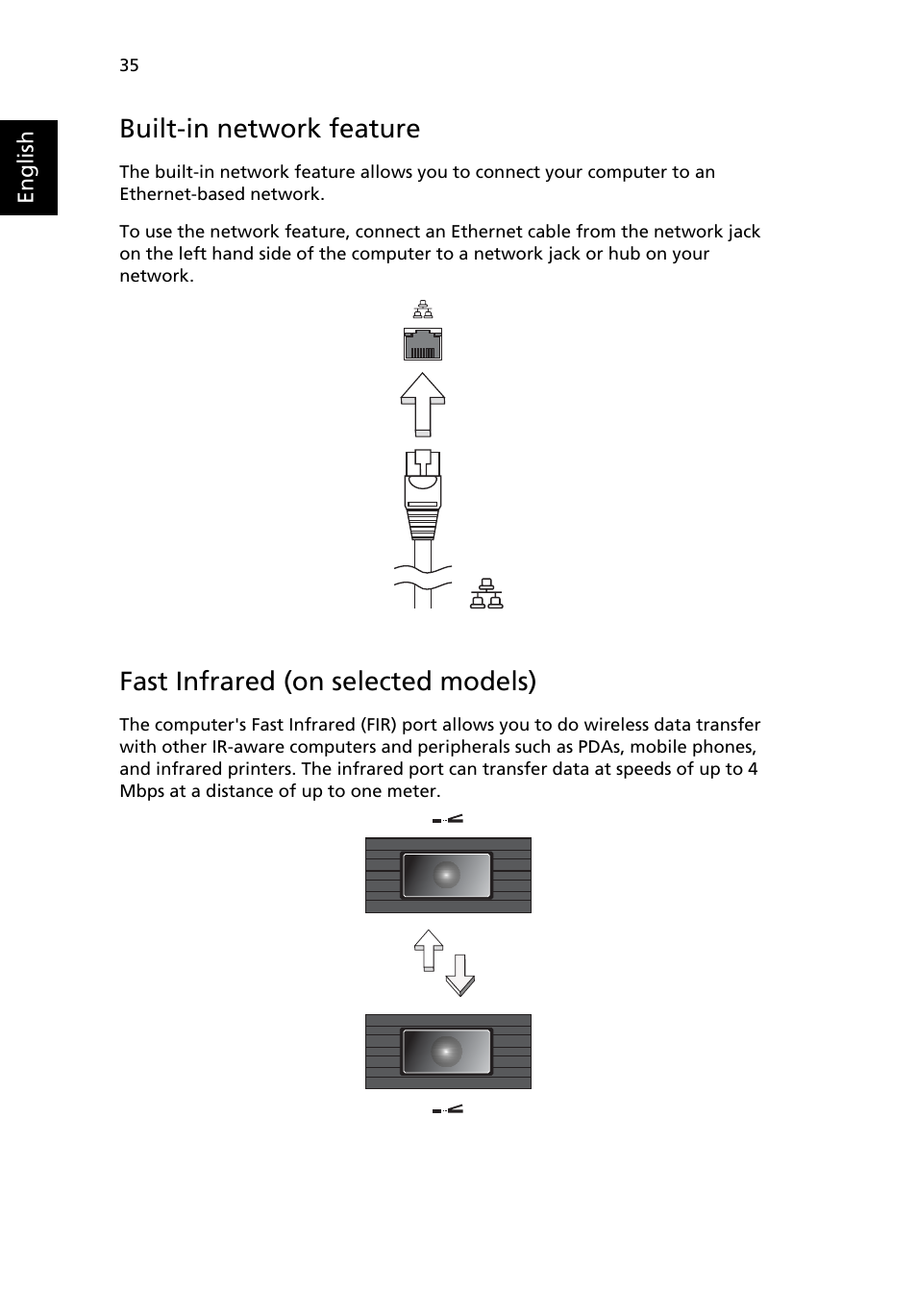 Built-in network feature, Fast infrared (on selected models) | Acer TravelMate 3210 User Manual | Page 44 / 69