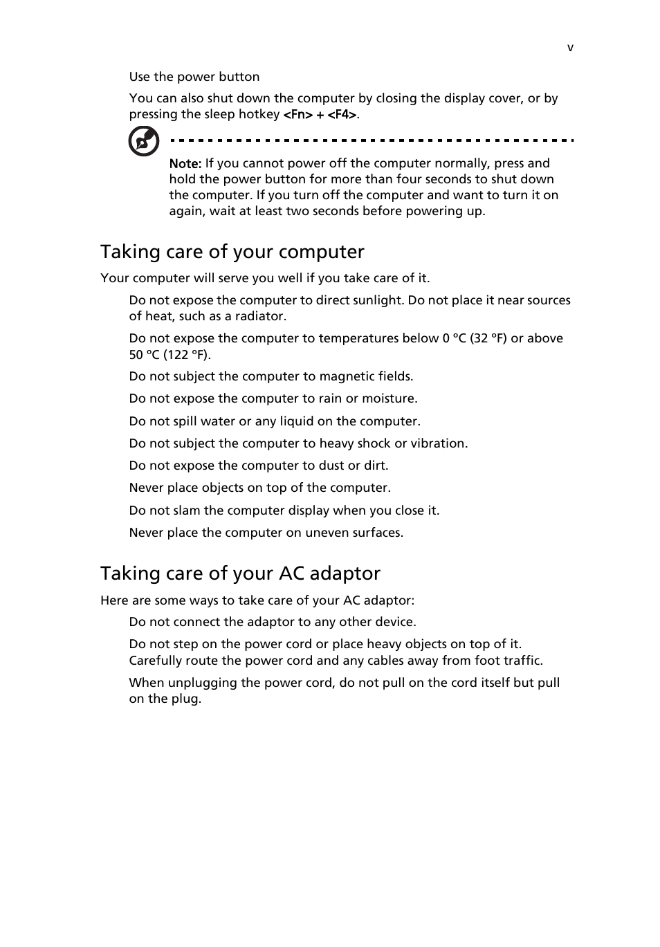 Taking care of your computer, Taking care of your ac adaptor | Acer TravelMate 3210 User Manual | Page 5 / 69