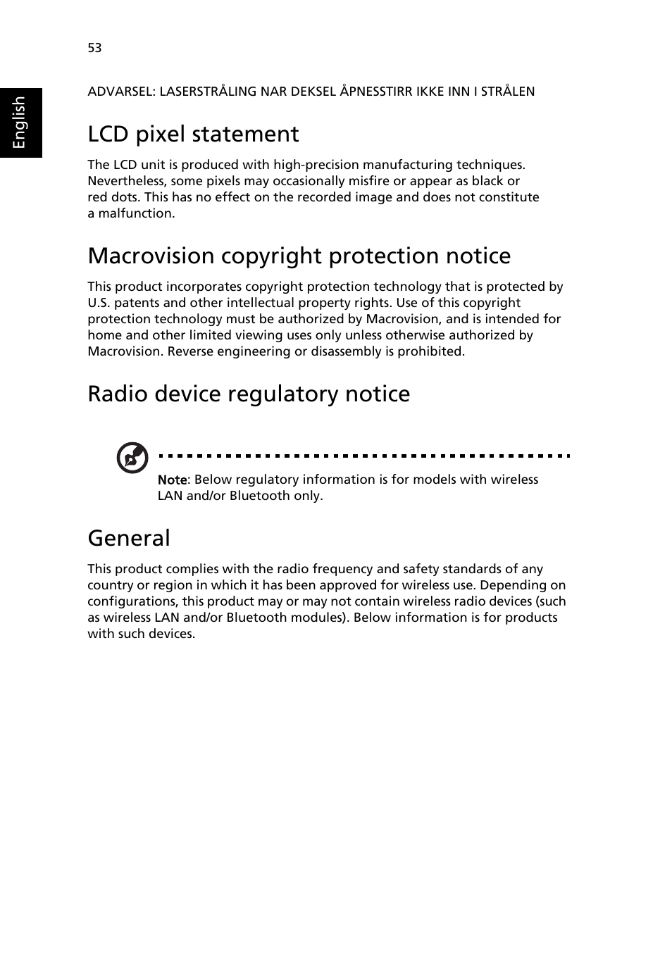 Lcd pixel statement, Macrovision copyright protection notice, Radio device regulatory notice | General | Acer TravelMate 3210 User Manual | Page 62 / 69