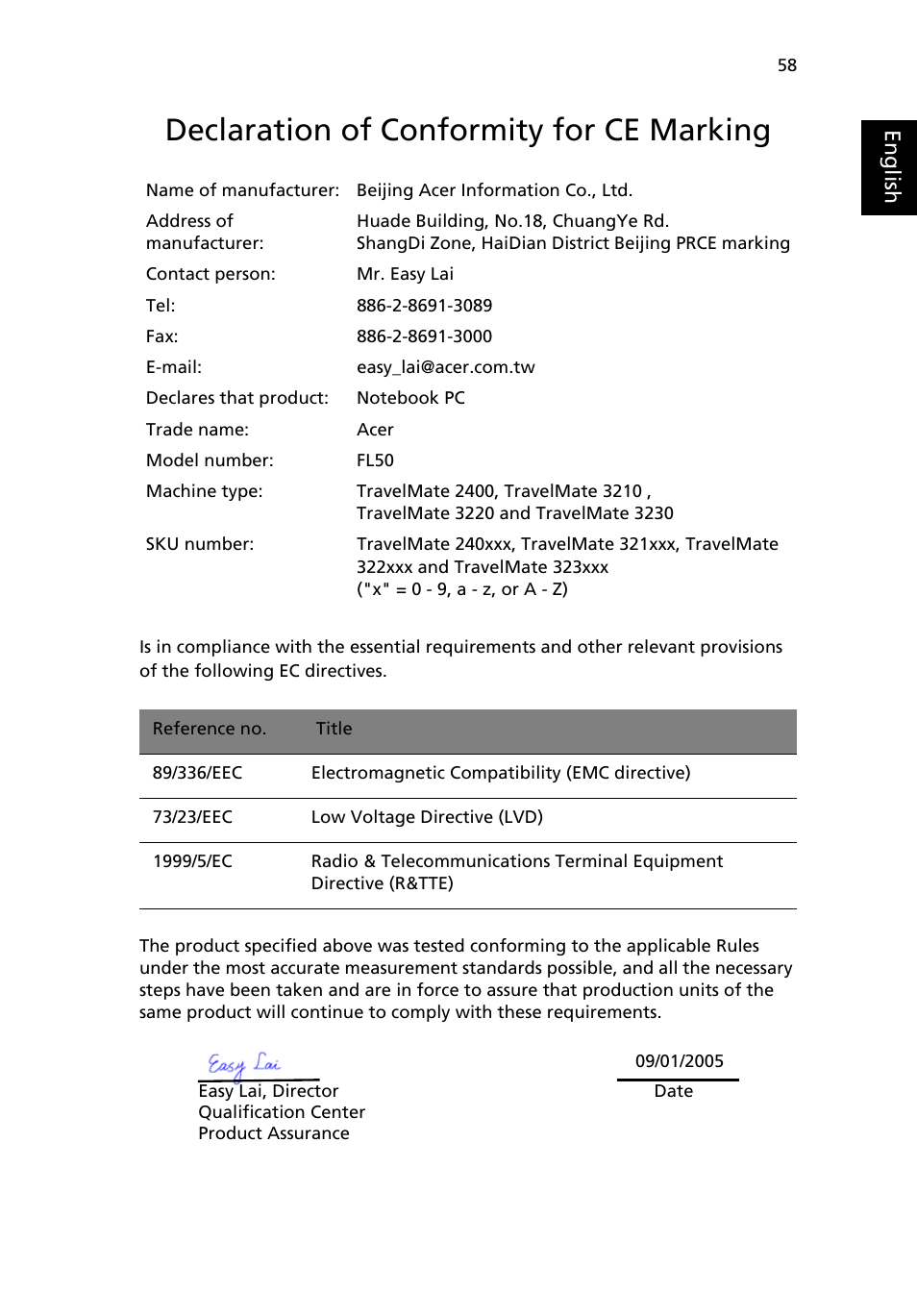 Declaration of conformity for ce marking, Eng lish eng lis h | Acer TravelMate 3210 User Manual | Page 67 / 69