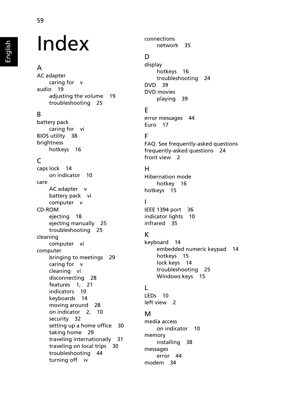 Index | Acer TravelMate 3210 User Manual | Page 68 / 69