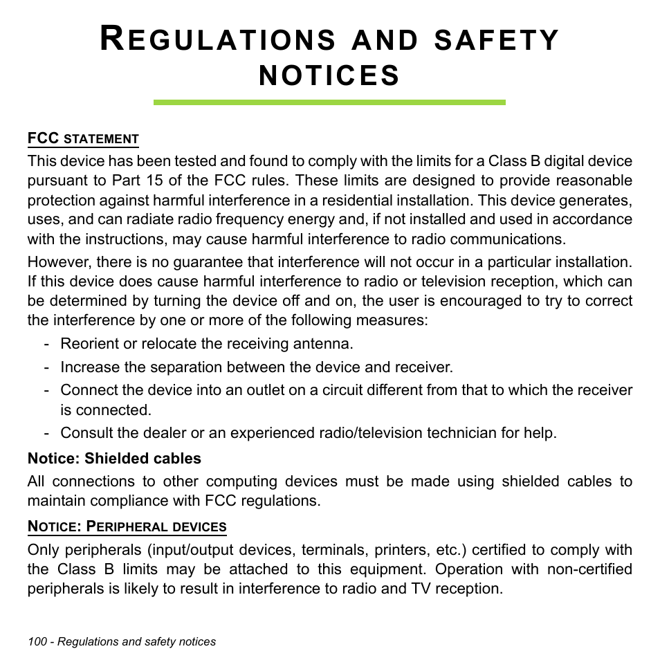 Regulations and safety notices, Egulations, Safety | Notices | Acer Aspire V7-481 User Manual | Page 100 / 108