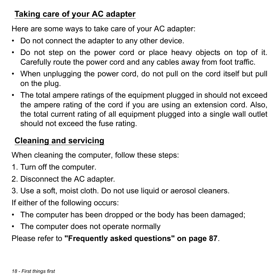 Taking care of your ac adapter, Cleaning and servicing | Acer Aspire V7-481 User Manual | Page 18 / 108