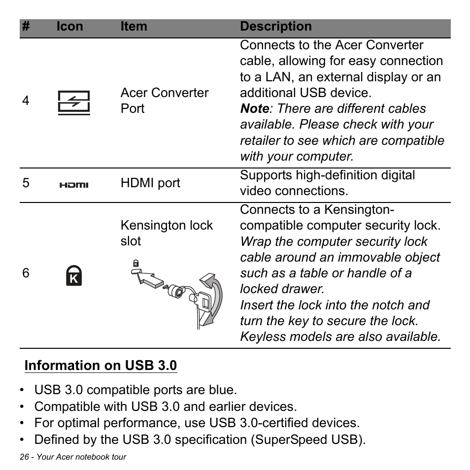 Information on usb 3.0 | Acer Aspire V7-481 User Manual | Page 26 / 108