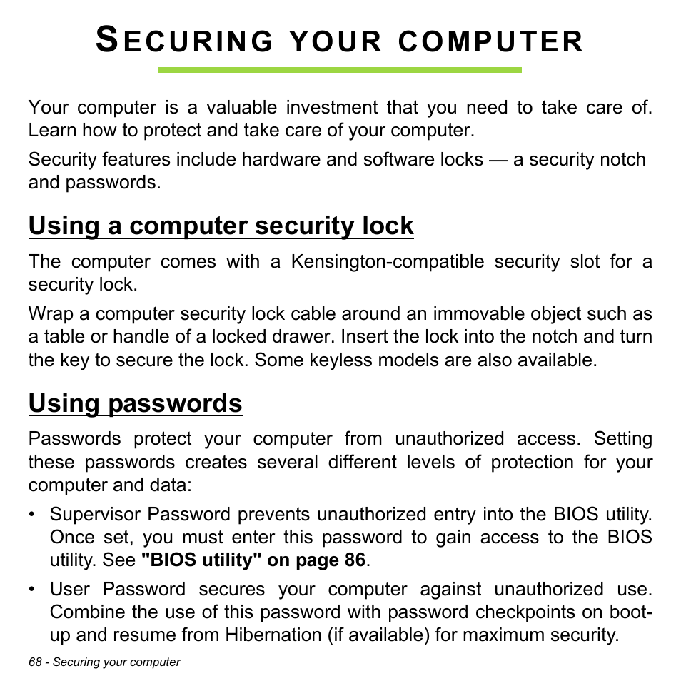Securing your computer, Using a computer security lock, Using passwords | Using a computer security lock using passwords, Ecuring, Your, Computer | Acer Aspire V7-481 User Manual | Page 68 / 108