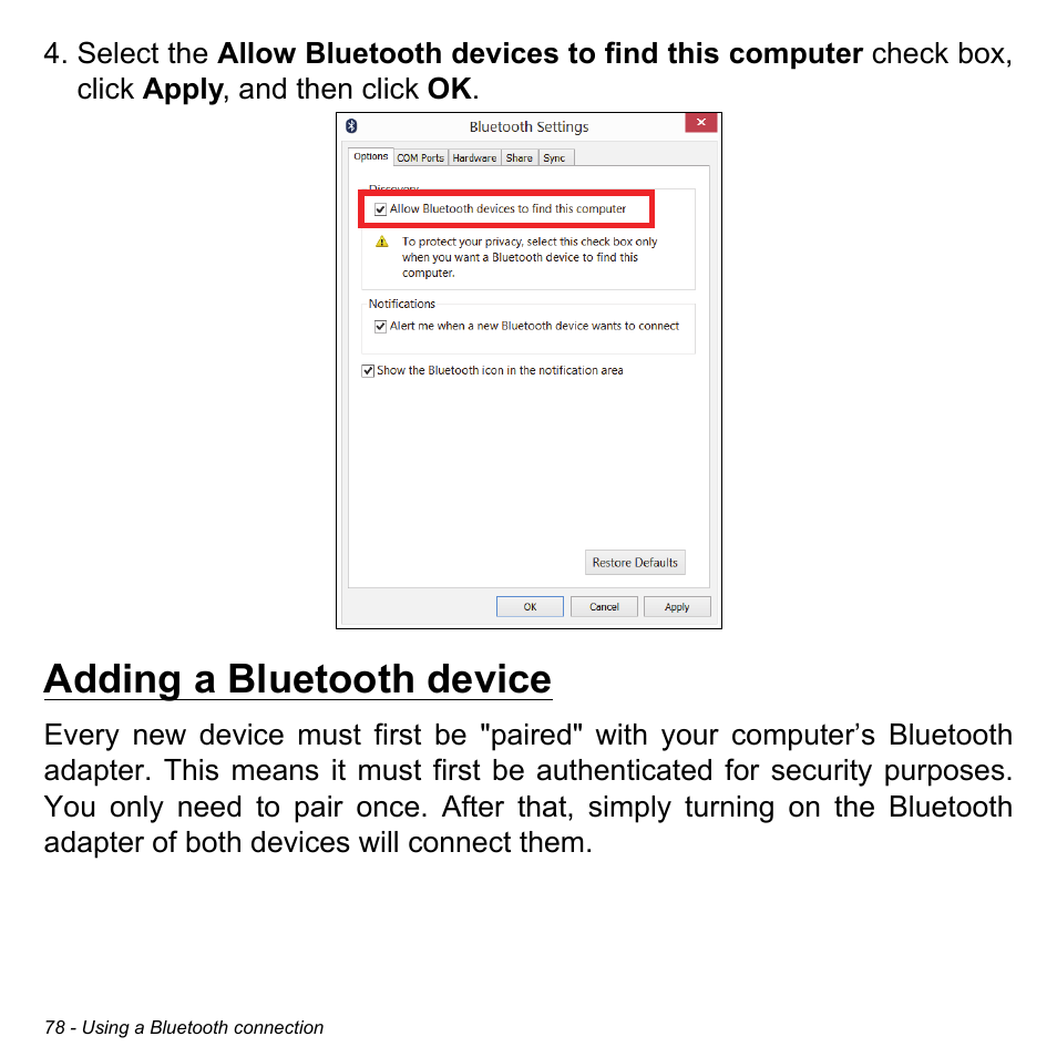 Adding a bluetooth device | Acer Aspire V7-481 User Manual | Page 78 / 108