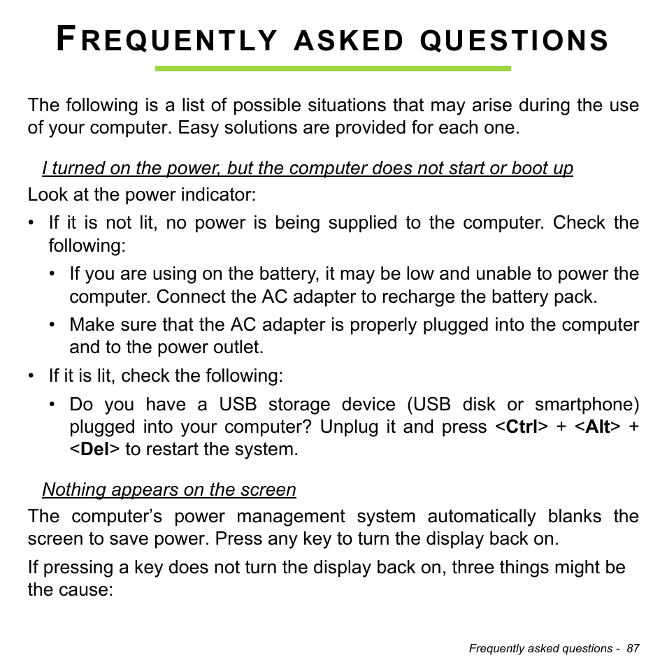 Frequently asked questions, Requently, Asked | Questions | Acer Aspire V7-481 User Manual | Page 87 / 108