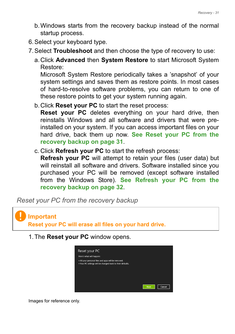 Reset your pc from the recovery backup | Acer TravelMate P245-MG User Manual | Page 31 / 97