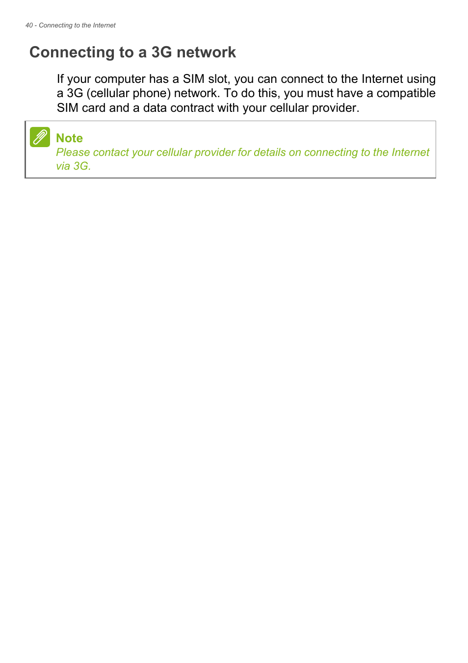 Connecting to a 3g network | Acer TravelMate P245-MG User Manual | Page 40 / 97