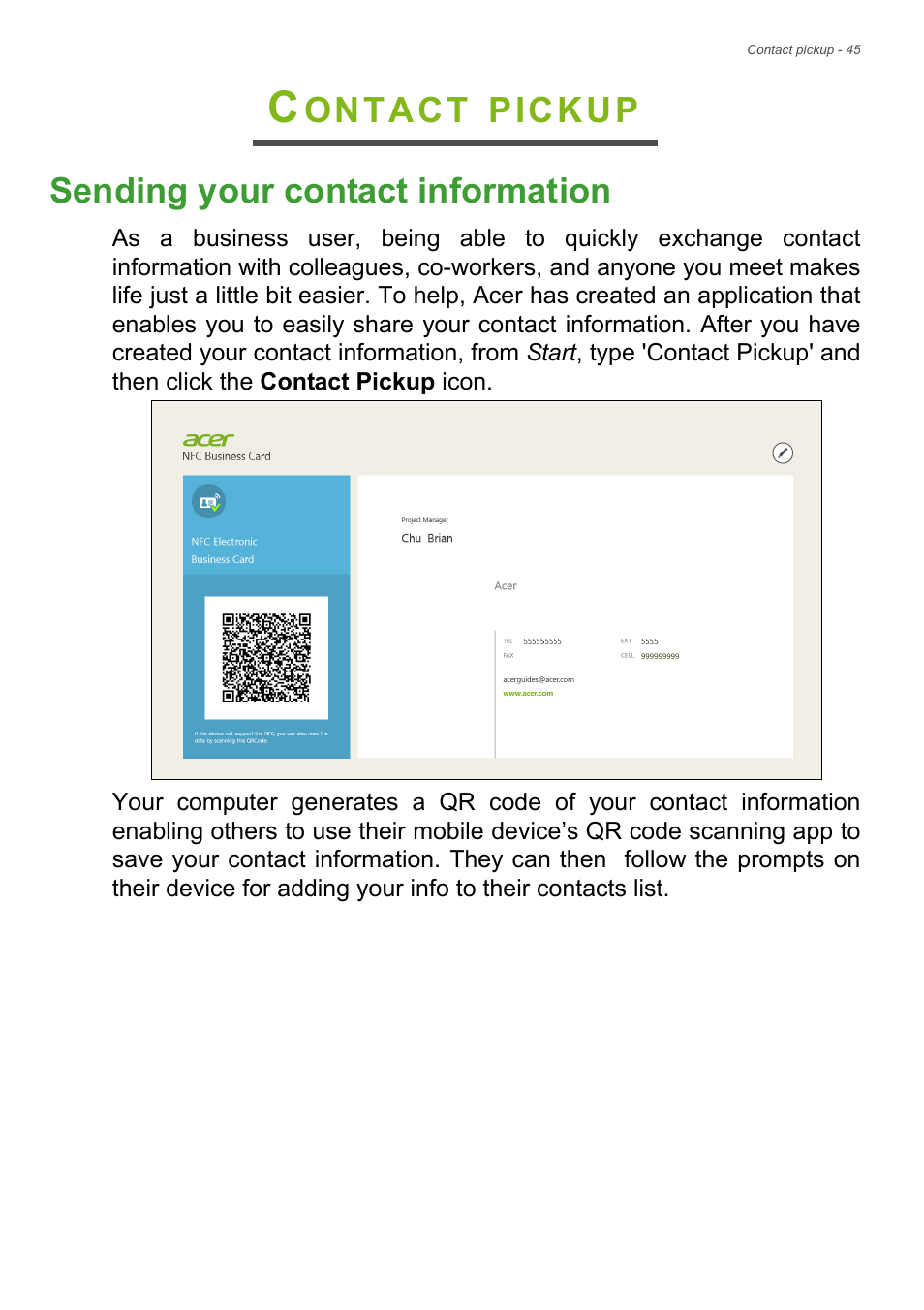 Contact pickup, Sending your contact information, Ontact | Pickup sending your contact information | Acer TravelMate P245-MG User Manual | Page 45 / 97