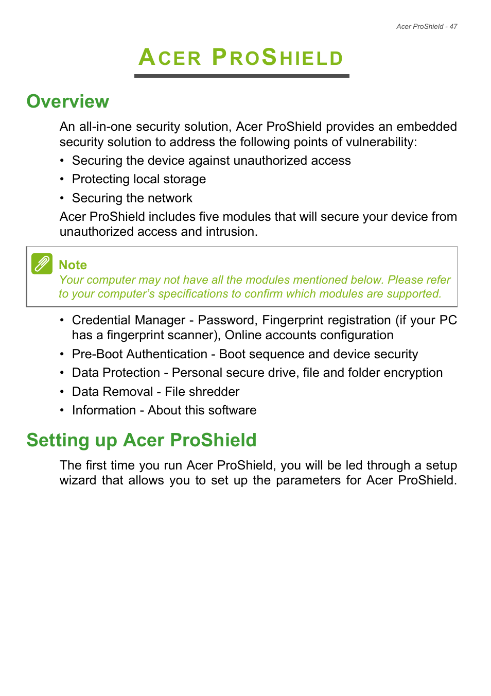 Acer proshield, Overview, Setting up acer proshield | Overview setting up acer proshield, Hield overview | Acer TravelMate P245-MG User Manual | Page 47 / 97