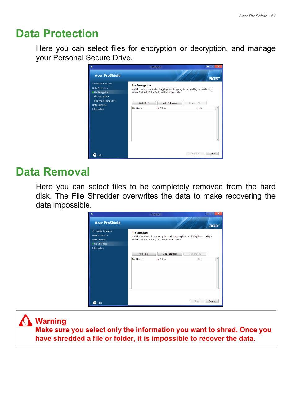 Data protection, Data removal, Data protection data removal | Acer TravelMate P245-MG User Manual | Page 51 / 97