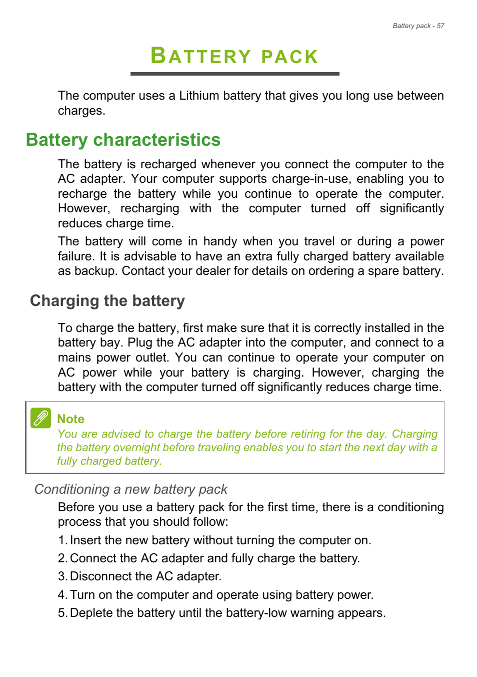 Battery pack, Battery characteristics, Charging the battery | Attery, Pack | Acer TravelMate P245-MG User Manual | Page 57 / 97