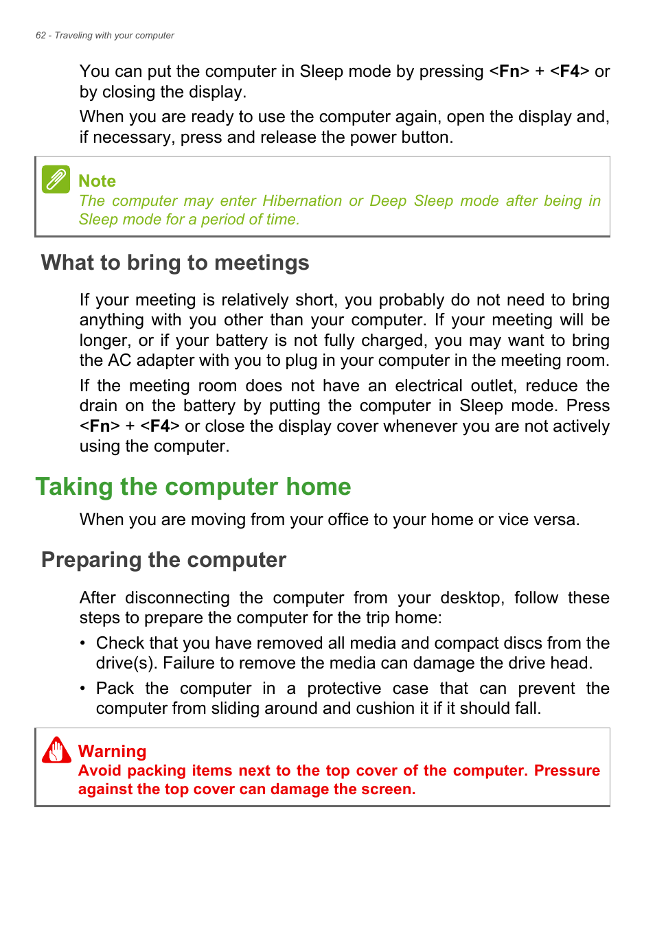 What to bring to meetings, Taking the computer home, Preparing the computer | Acer TravelMate P245-MG User Manual | Page 62 / 97