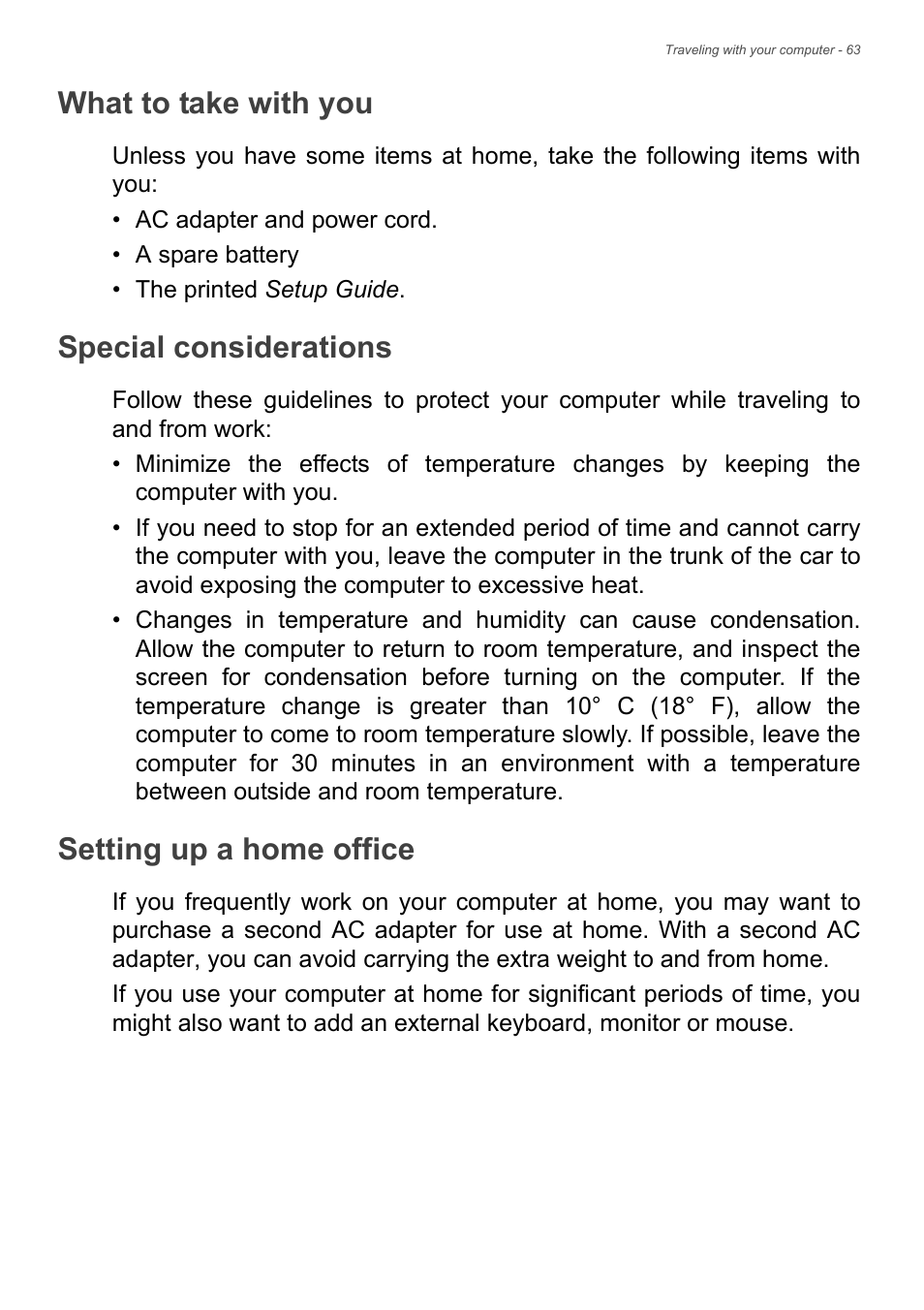 What to take with you, Special considerations, Setting up a home office | Acer TravelMate P245-MG User Manual | Page 63 / 97