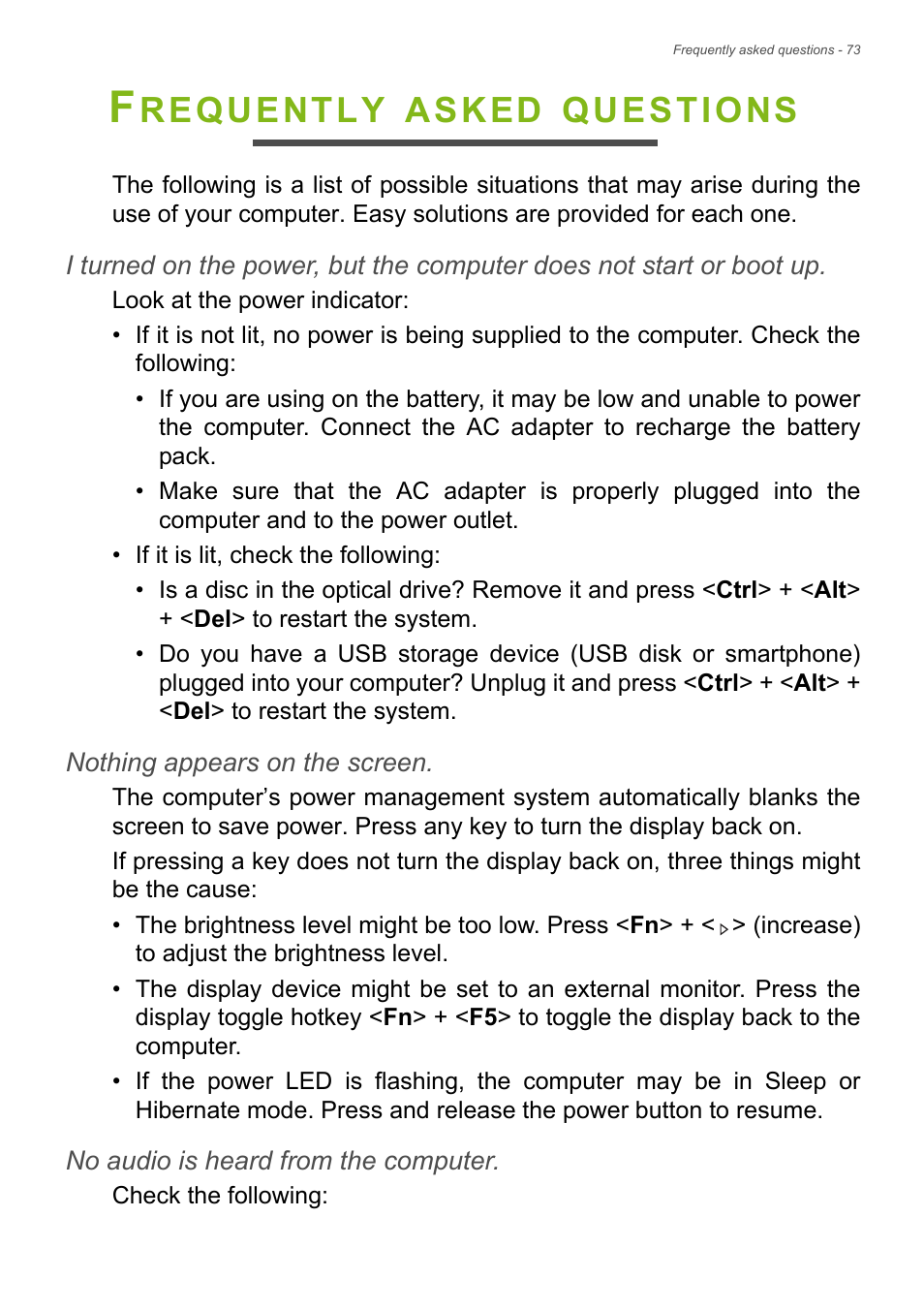 Frequently asked questions, Requently, Asked | Questions | Acer TravelMate P245-MG User Manual | Page 73 / 97