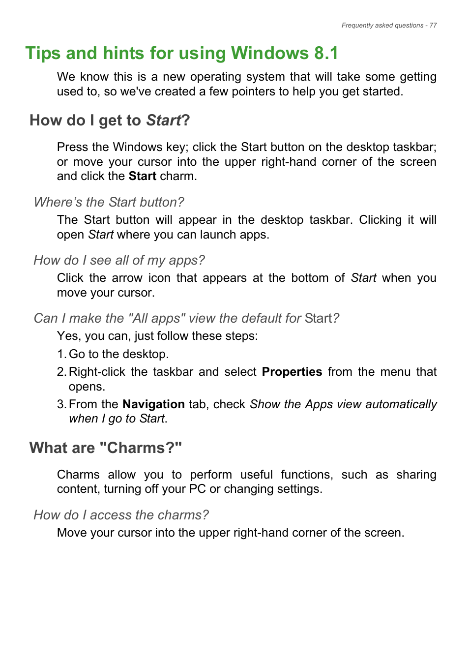 Tips and hints for using windows 8.1, How do i get to start, What are "charms | How do i get to start? what are "charms | Acer TravelMate P245-MG User Manual | Page 77 / 97