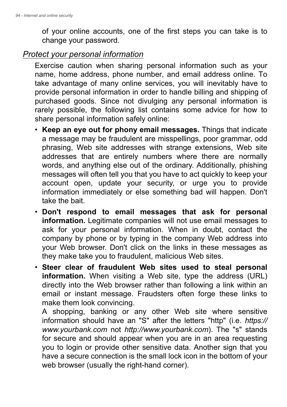 Protect your personal information | Acer TravelMate P245-MG User Manual | Page 94 / 97